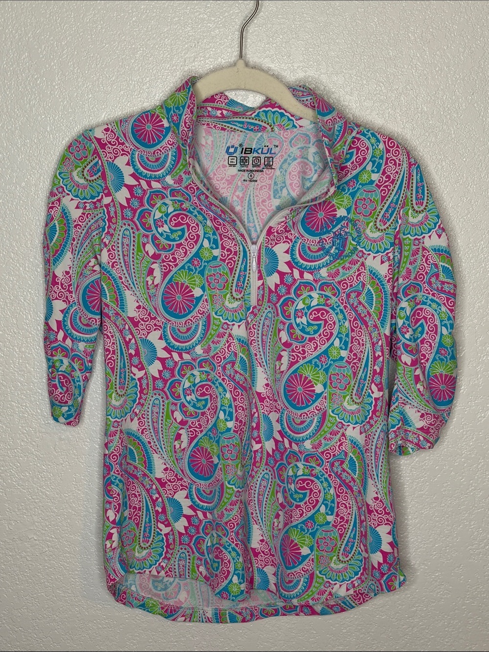 IBKUL Pink & Blue Elbow Sleeve Party Paisley Senior Open 1/4 Zip Size Small